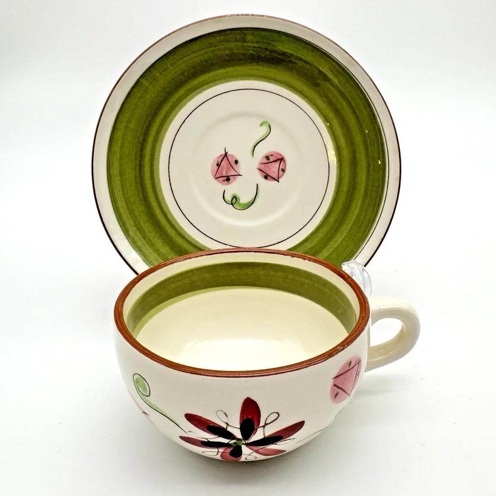 Stangl Pottery Carnival Cup Saucer Set of 2 Coffee Tea MCM Pink Green Black